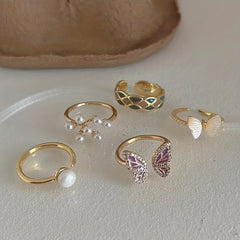 Butterfly Ring 14k Plated Faux Pearl Adjustable Cuff - Party Accessory