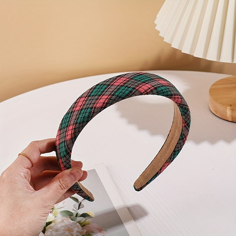 Plaid Pattern Wide Headband Soft Sponge Hair Hoop Vintage Hair Accessory