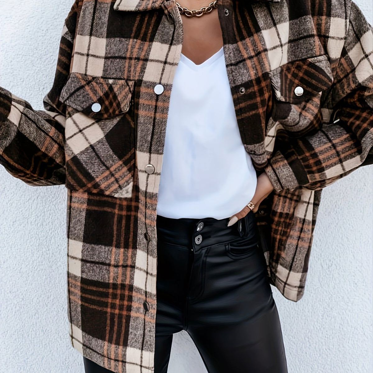 Brown Plaid Shirt Jacket Loose Casual Plaid Shacket For Spring & Fall