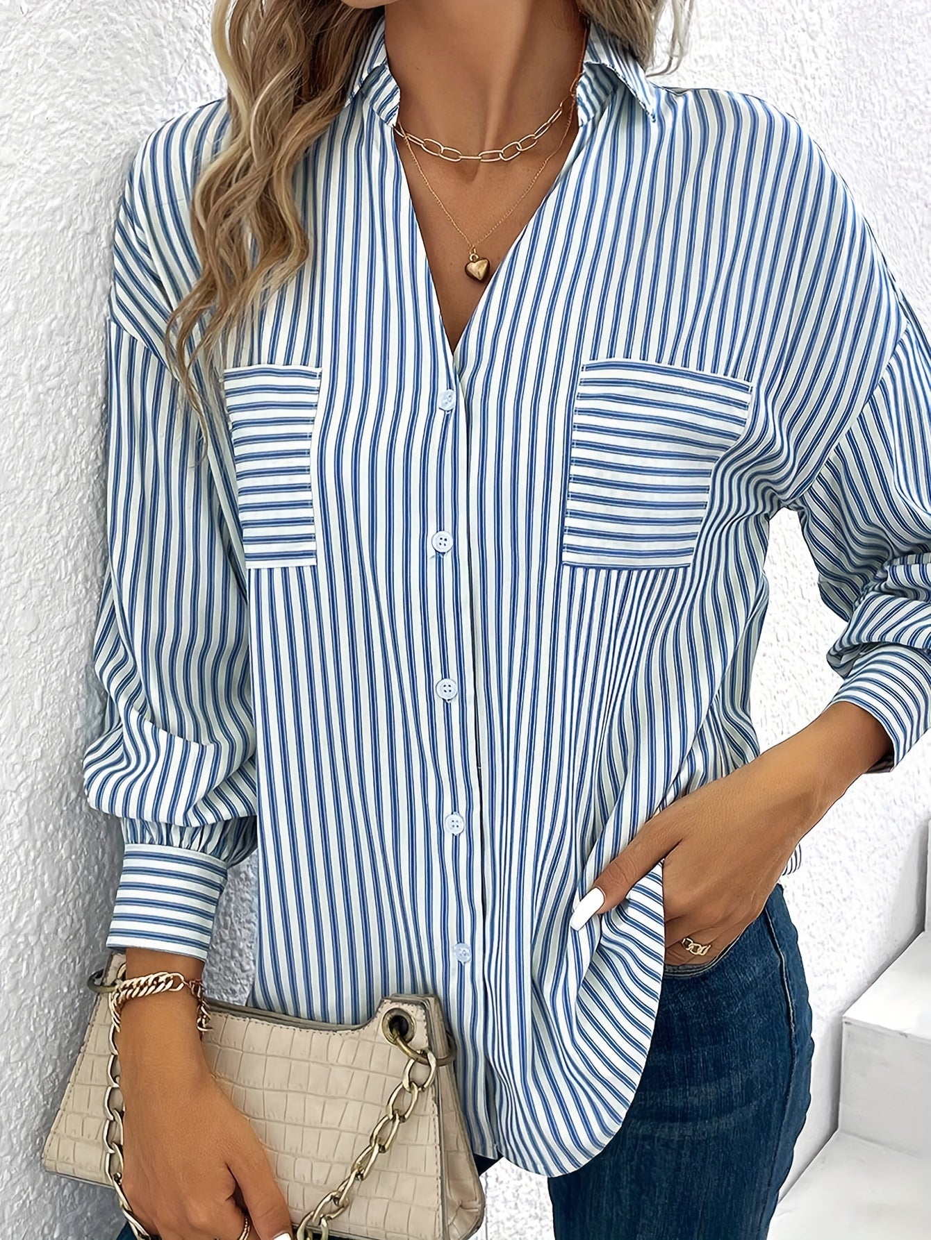  Stripe Print Long Sleeve Button Up Shirt