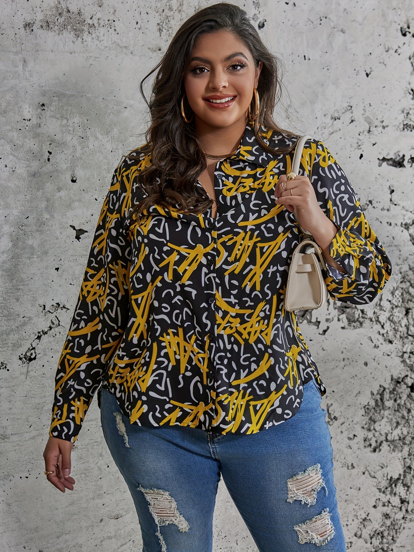  Graffiti Print Button Up Long Sleeve Blouse