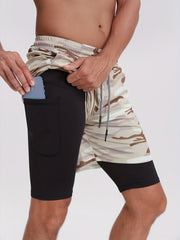 Men's 2-Layer Gym Running Shorts w/ Pockets Quick Dry Stretch Drawstring