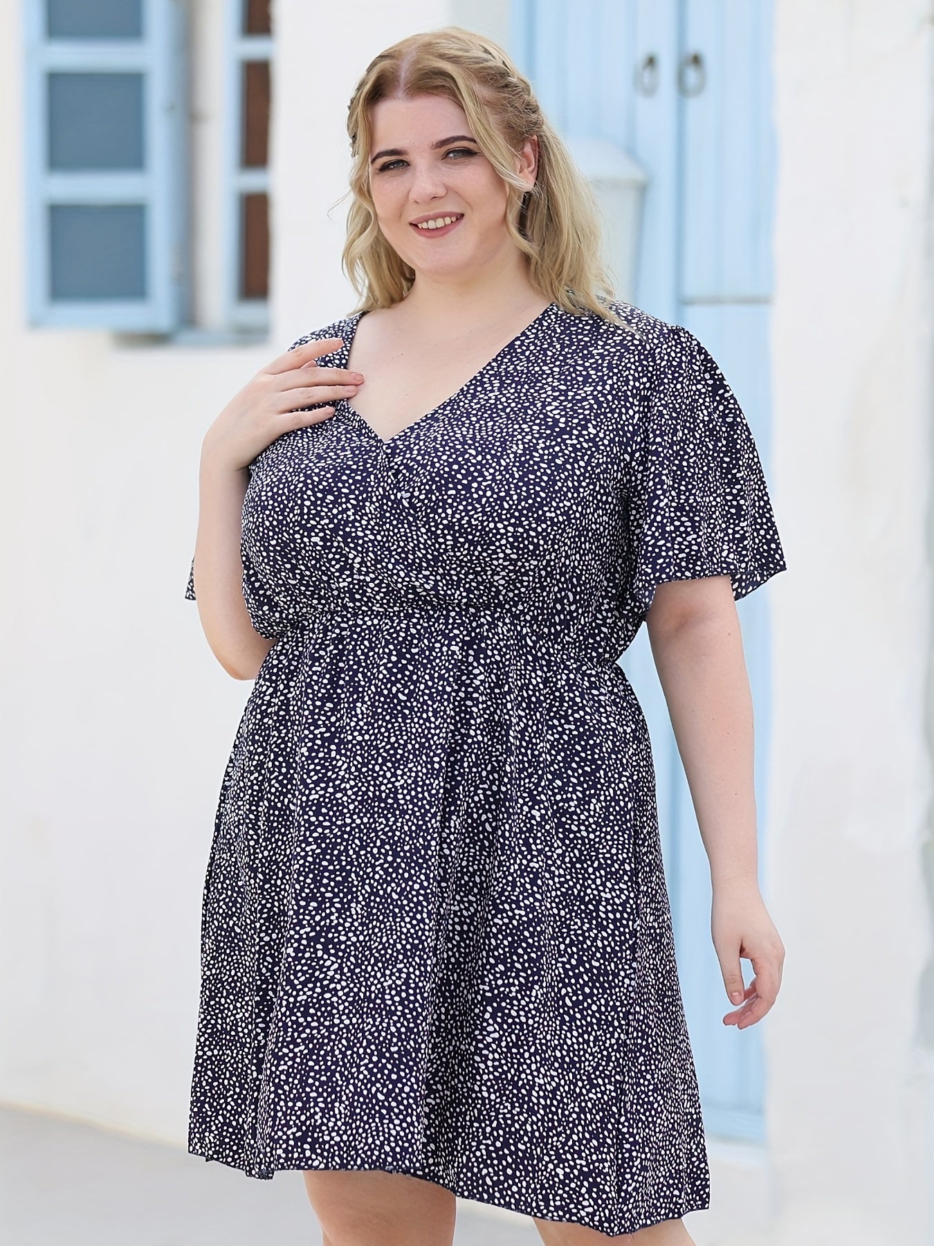  Dot Print V Neck Dress With Pockets