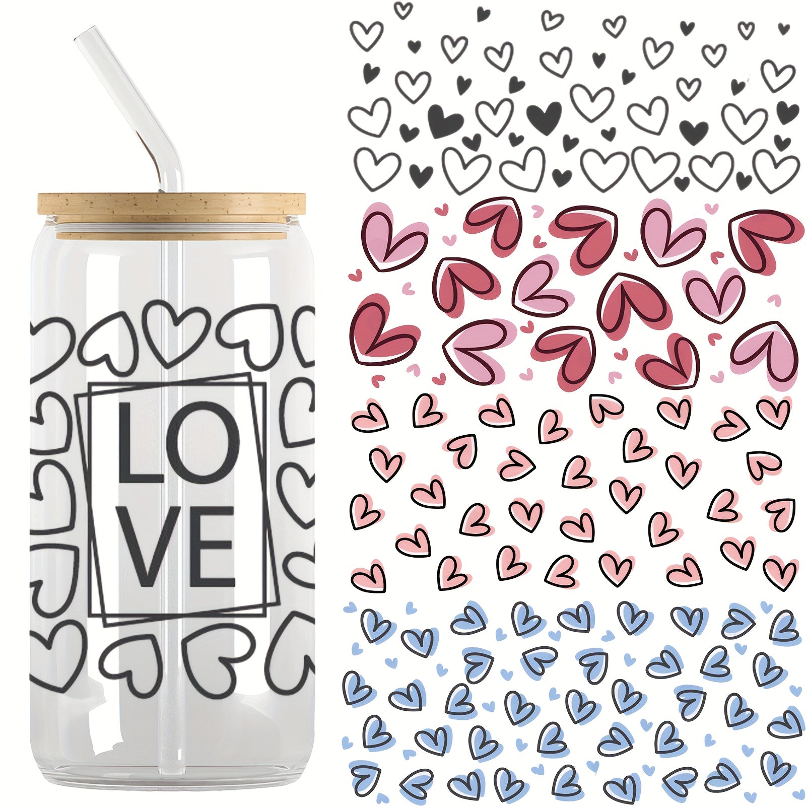 Hearts UV DTF Cup Wraps For 16oz Glass Cup