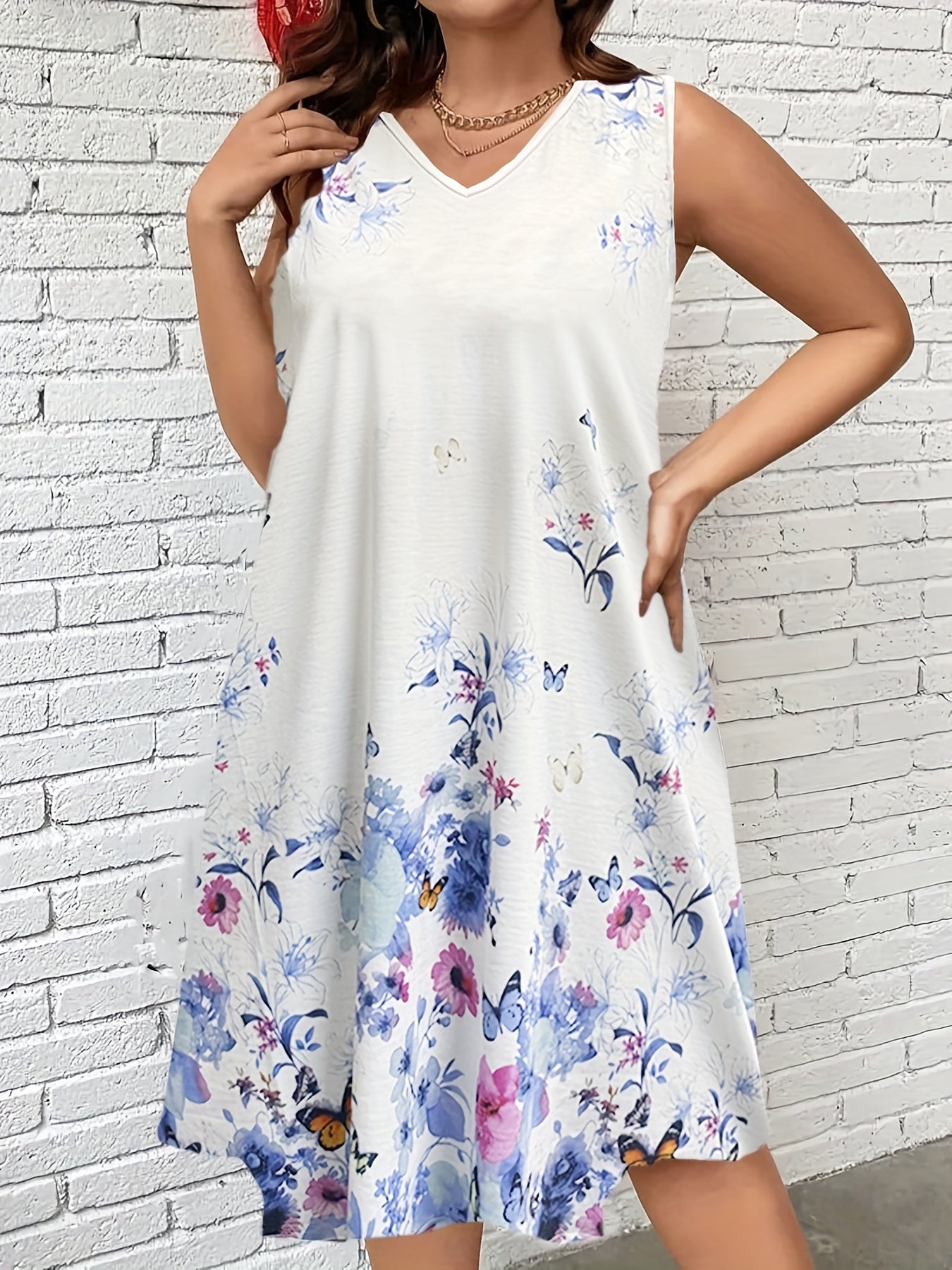  Floral Print V Neck Tank Dress