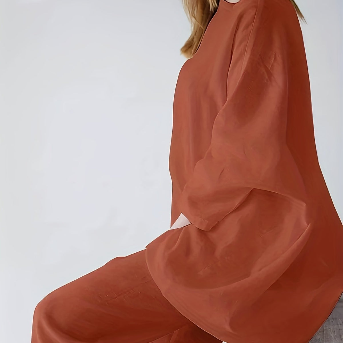  Solid Long Sleeve Top & Pants Set Round Neck Outfit