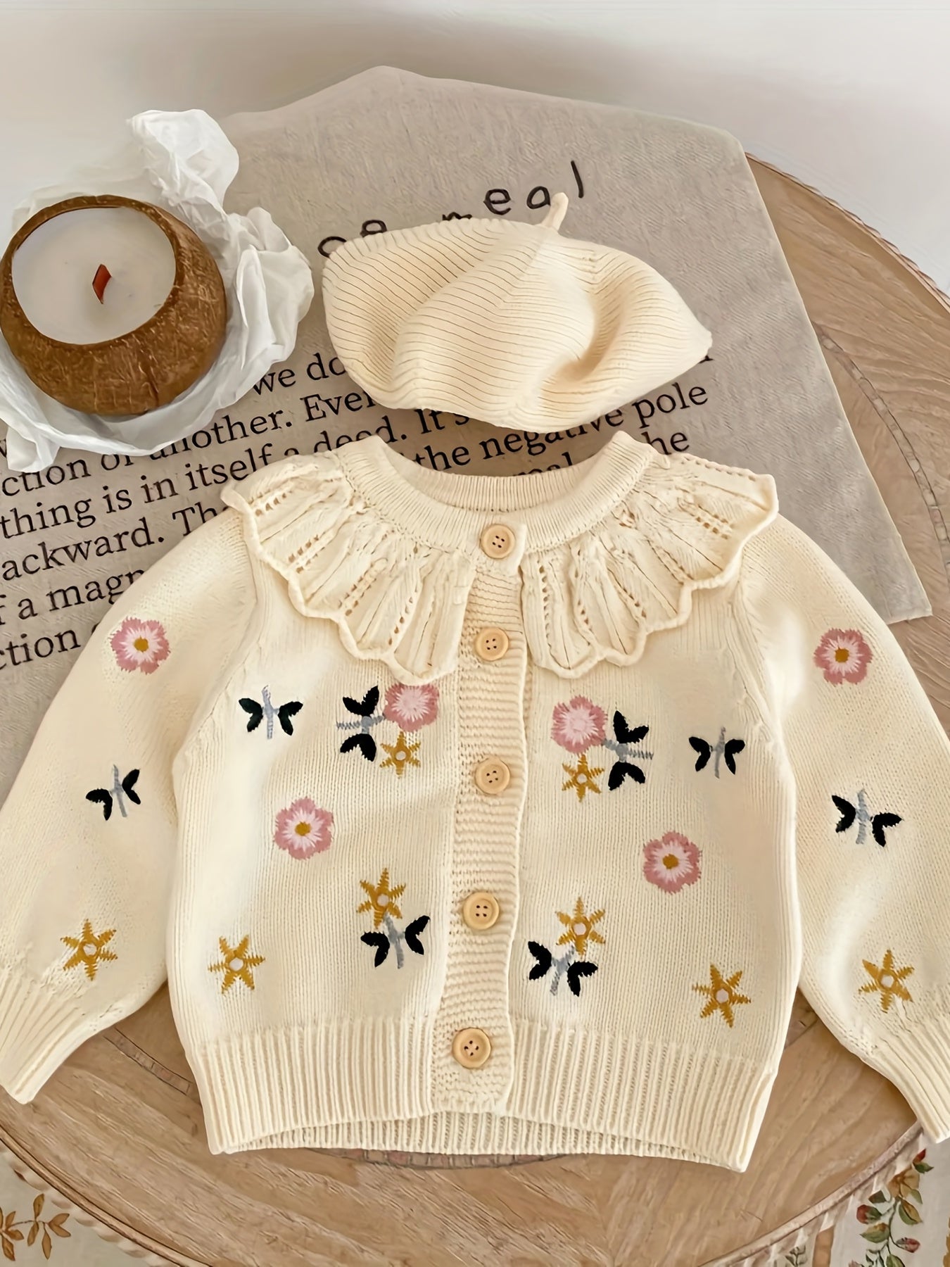 Baby Girls Flower Embroidery Ruffle Collar Knitted Cardigan Coat