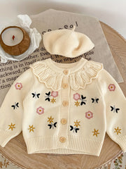Baby Girls Flower Embroidery Ruffle Collar Knitted Cardigan Coat
