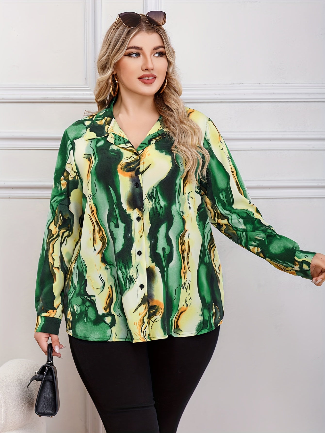 Women's Plus Marble Print Button Up Shirt Top