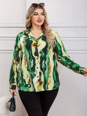 Women's Plus Marble Print Button Up Shirt Top