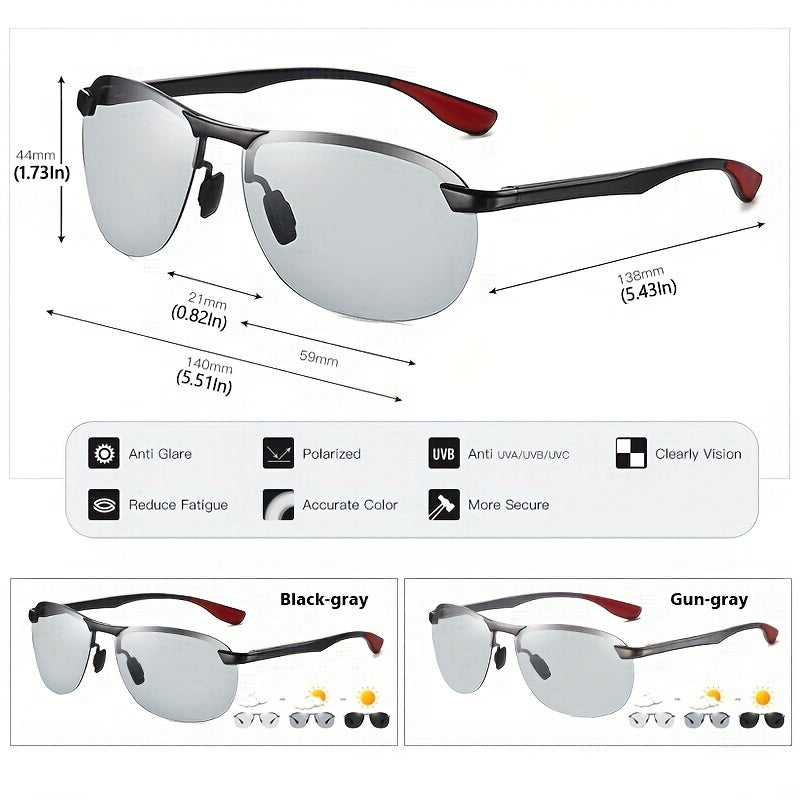 Aluminum Rimless Photochromic Sunglasses Men Polarized Driving Sun Glasses