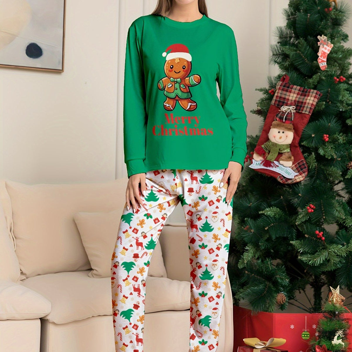 Christmas Print Pajama Set Long Sleeve Crew Neck Top & Elastic Waistband Pants