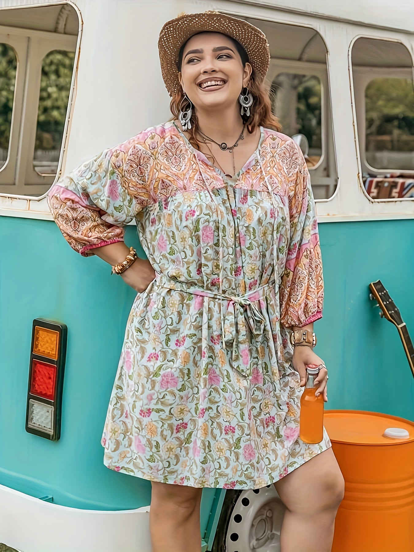  Colorblock Floral Print Lantern Sleeve Mini Dress With Belt