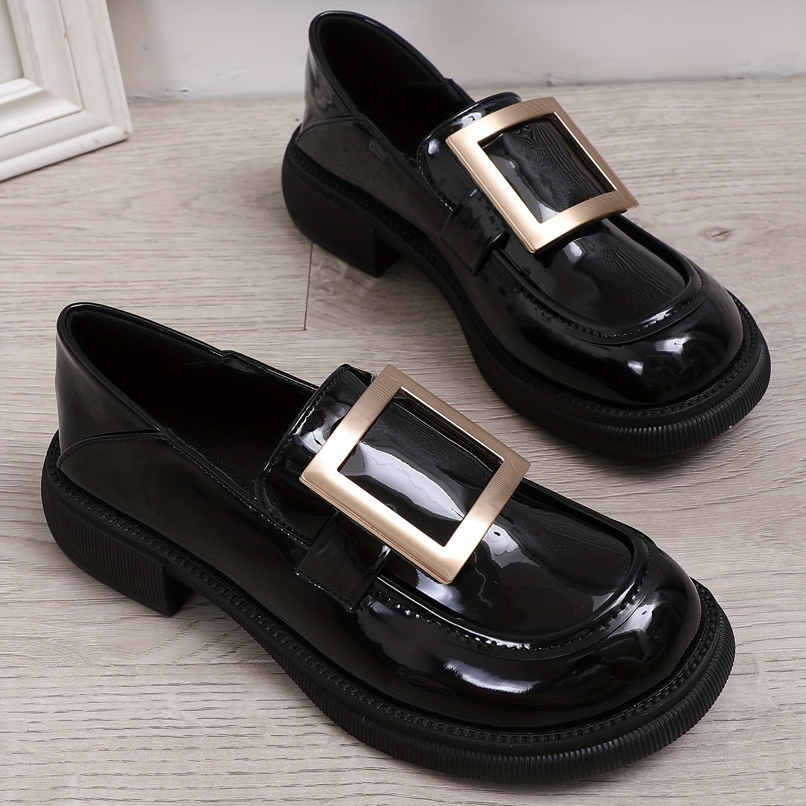 Metallic Buckle Chunky Heel Loafers Faux Leather Comfortable Walking Shoes