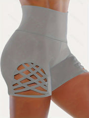  Solid Criss Cross High Rise Wide Band Waist Skinny Shorts
