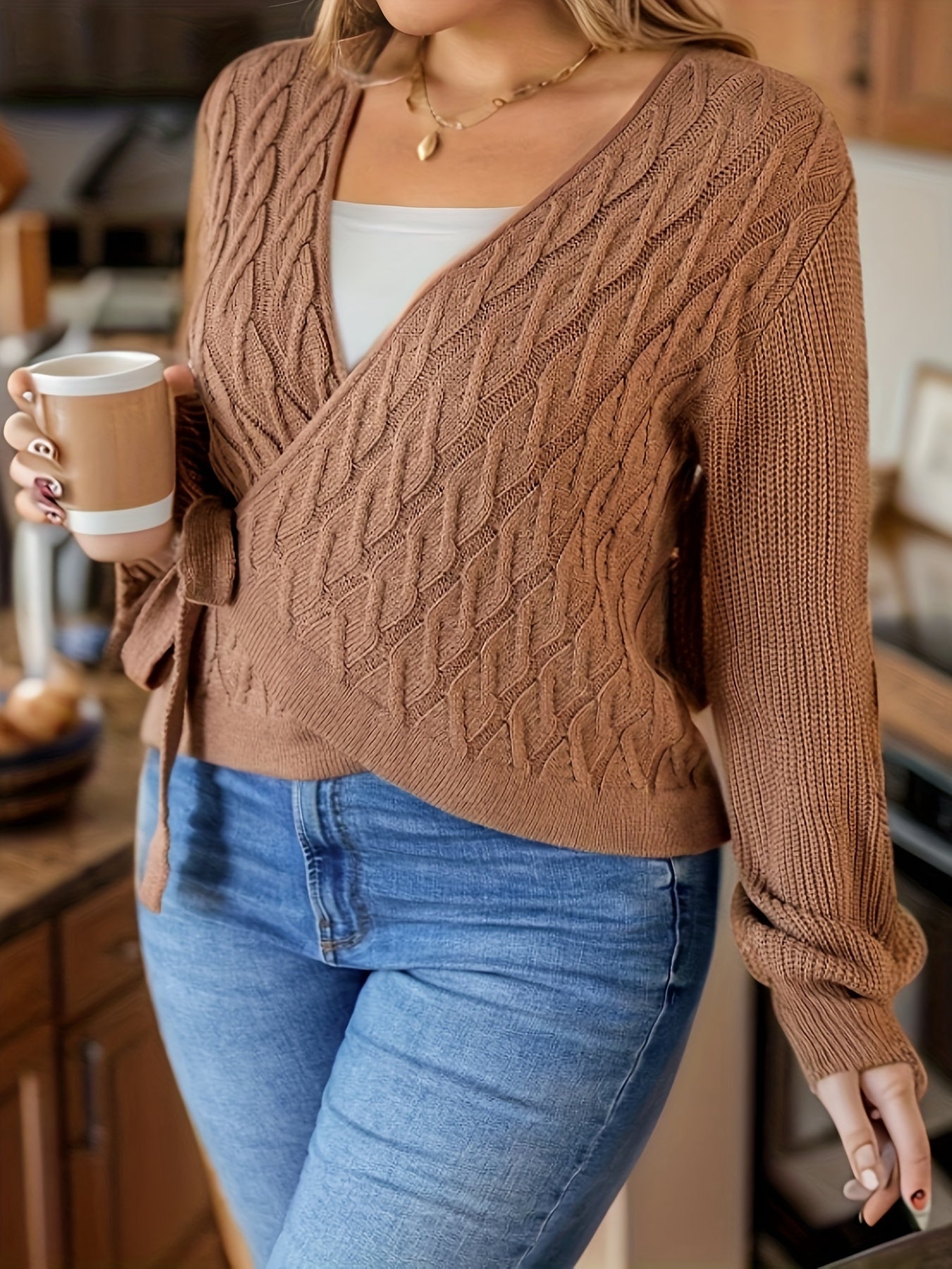  Casual Sweater Women's Solid Cable Long Sleeve Surplice Neck Knot