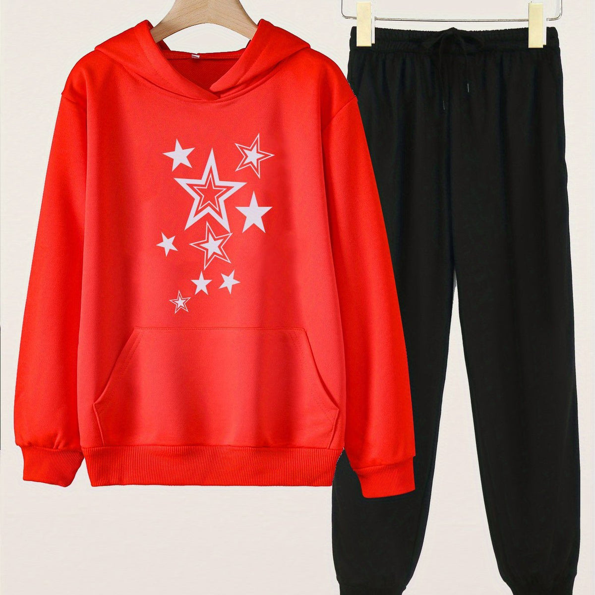Girls Long Sleeve Hoodie & Elastic Waist Sweatpants 2pcs Stars Print Casual Kids