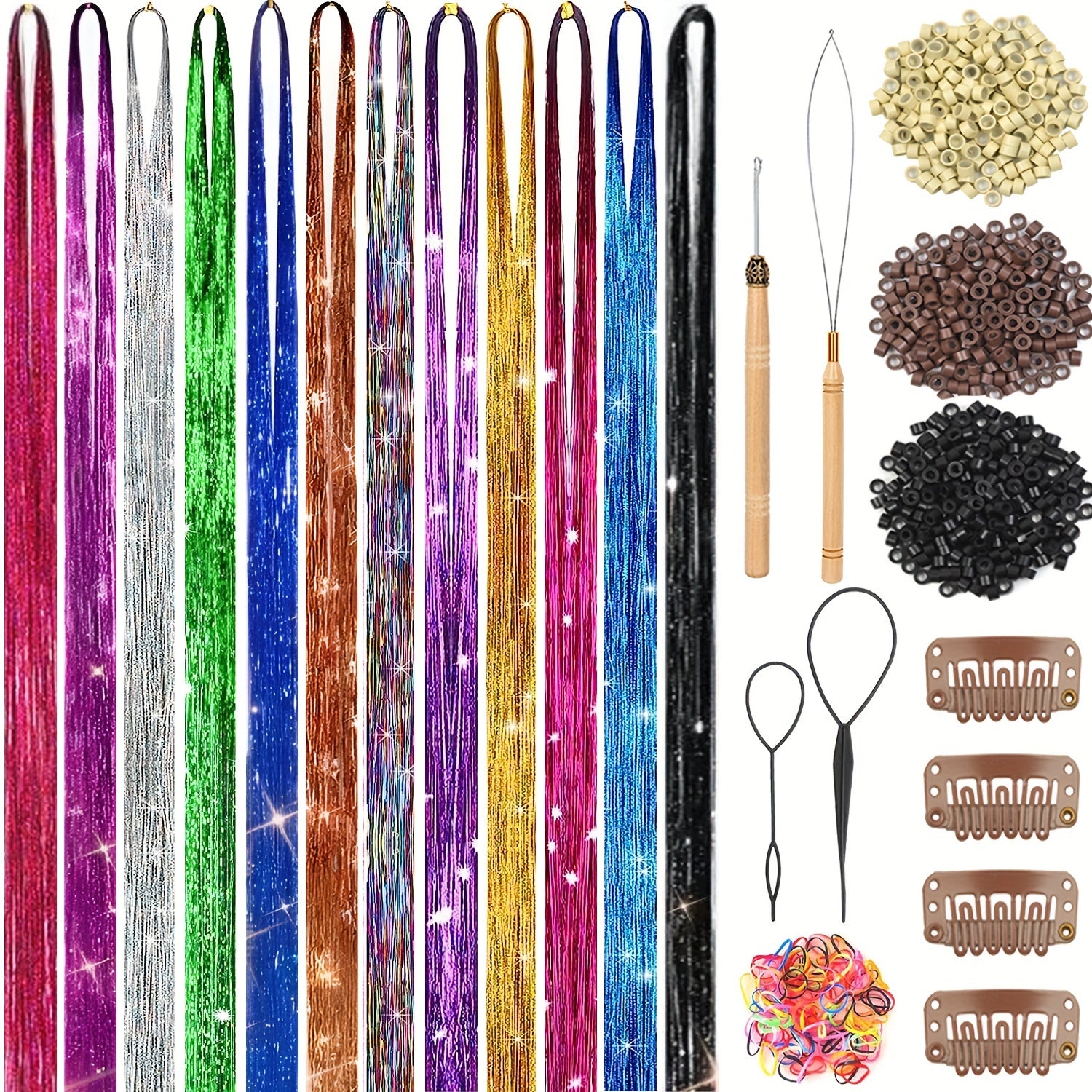 Hair Tinsel Kit 12 Colors 3400 Strands Fairy Tinsel Hair Extensions