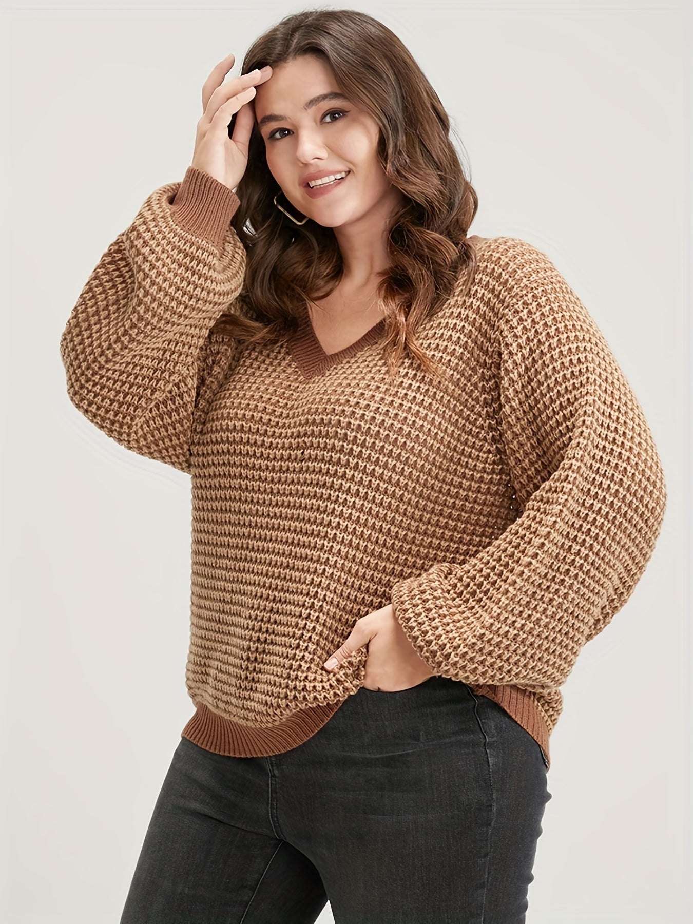  Lantern Sleeve V Neck Pullover Sweater