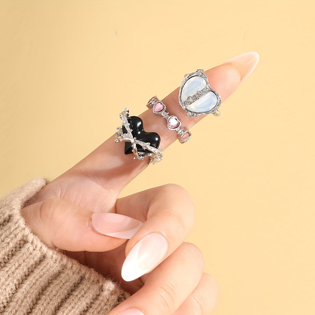 Y2k Sweet Heart Ring Inlaid Zircon Decor For Daily Outfits Lovely Gift