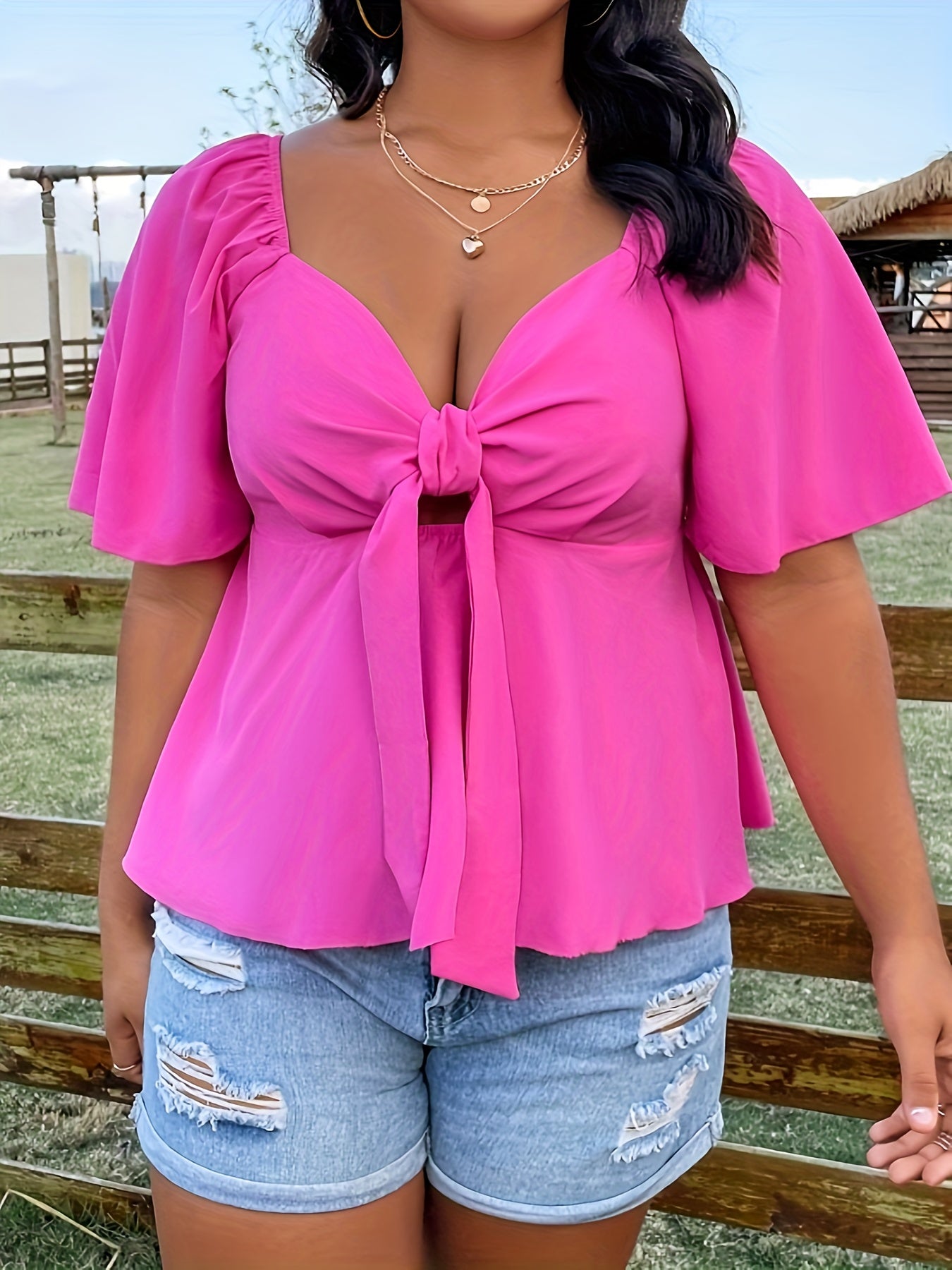  Casual Blouse Women's Plus Solid Short Sleeve Sweetheart Neck Knot Top