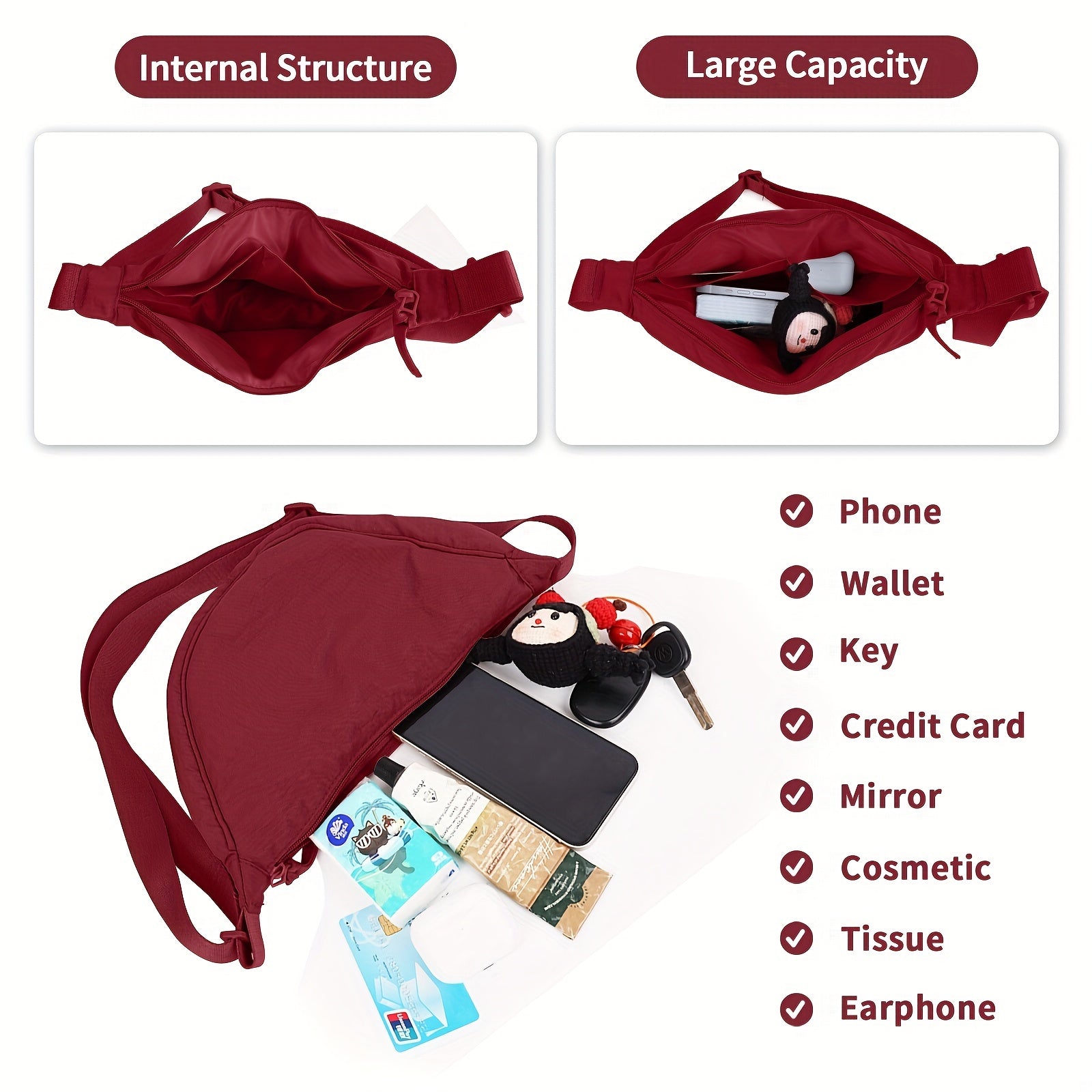 Nylon Crossbody Bag Lightweight Sling Bag Zipper Purse Adjustable Strap