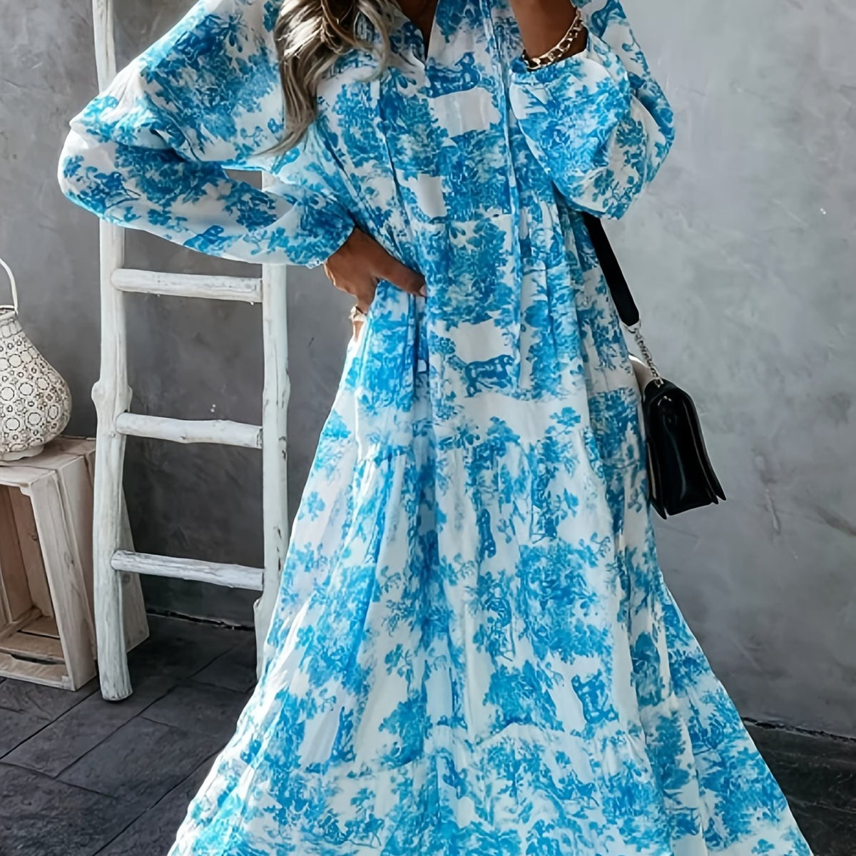  Allover Print Tie Front Maxi Dress