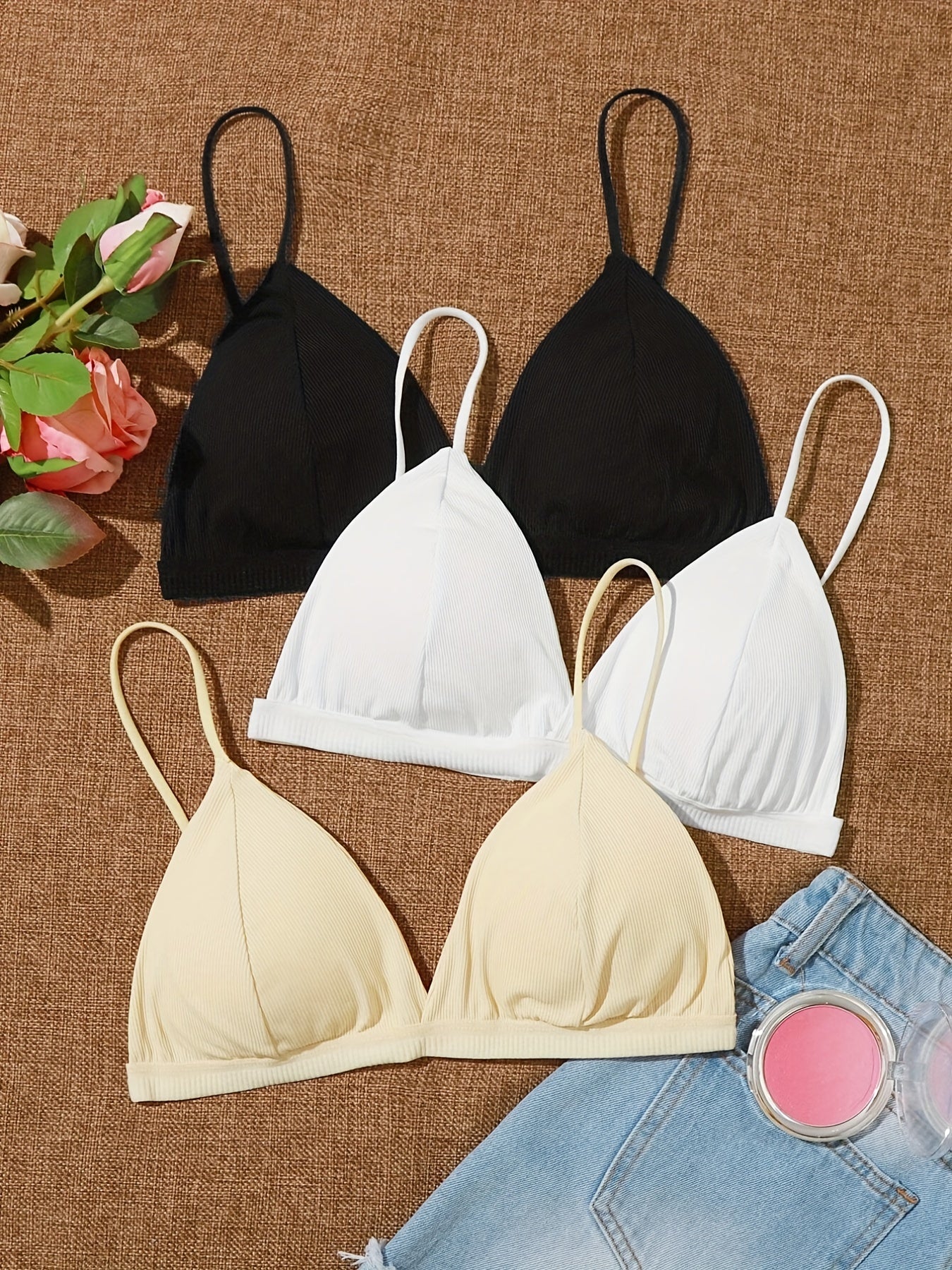3 Pcs Girls Bralette Spaghetti Strap V Neck Padded Wire A B Cups Hook Closure