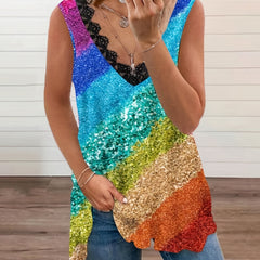 Women's Plus Colorblock Sequin Print Contrast Lace V Neck Tank Top