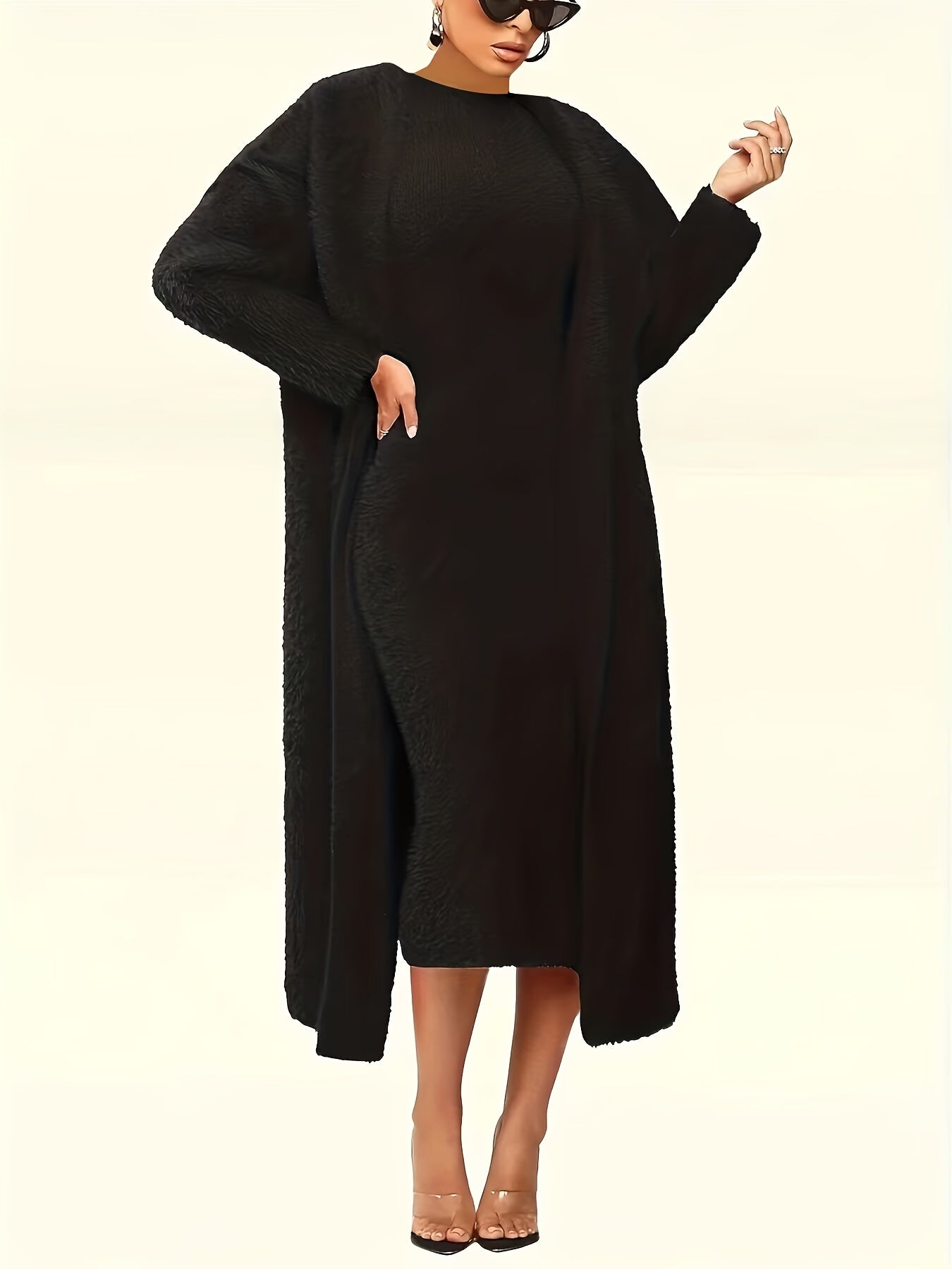  Solid Fuzzy Fleece Dress & Cardigan Set