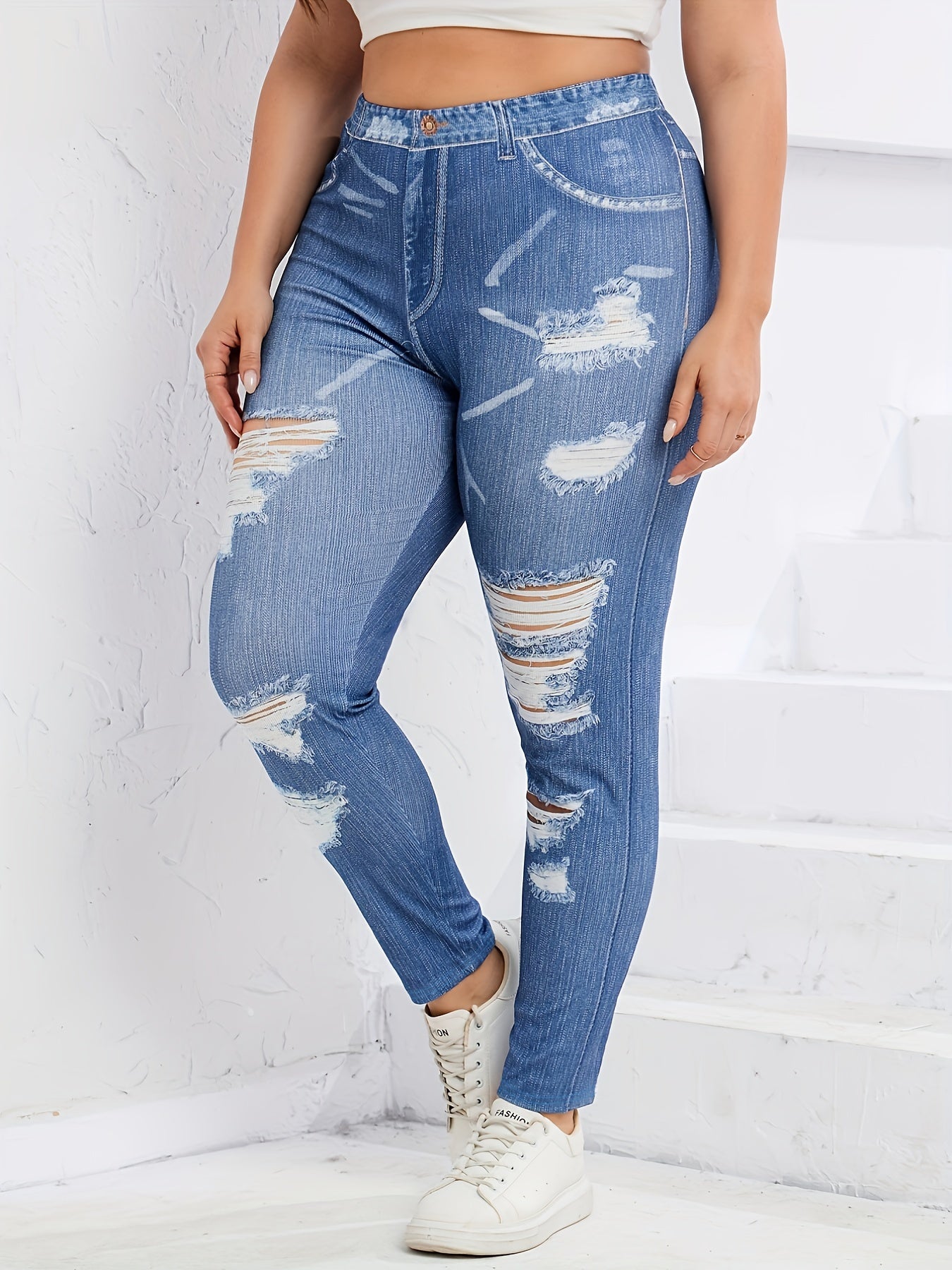  Ripped Print High Stretch Leggings Women's Plus High Waist Leggings
