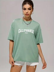 Solid Letter And Number Print T Shirt Crew Neck Short Sleeve Casual Top
