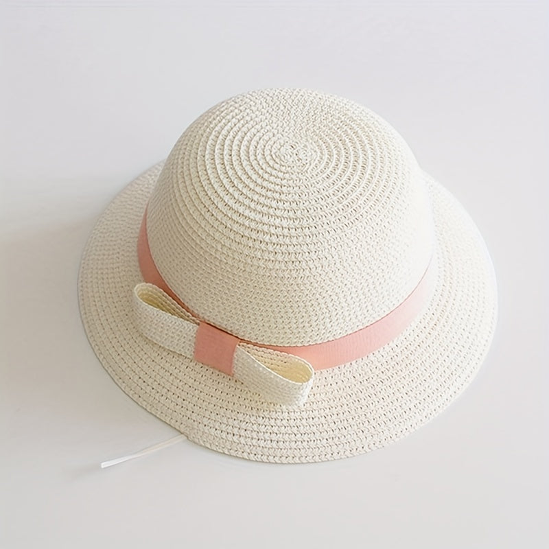 Girls Straw Sun Hat with Bow - Sunshade Bucket Hat