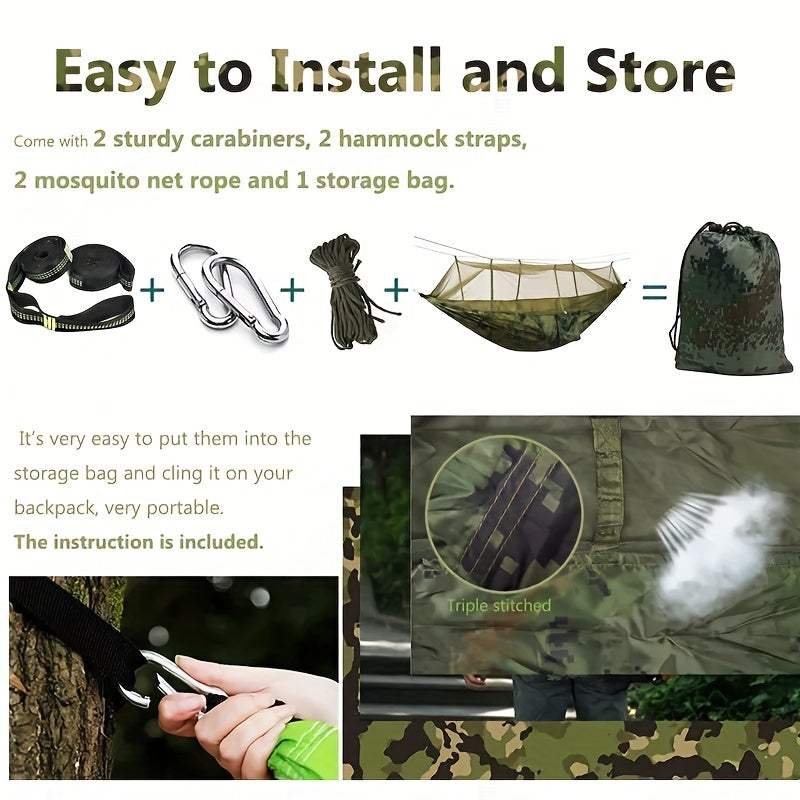 200kg Hammock w/ Carabiners, Straps, Carry Pocket - Camping, Travel, Beach
