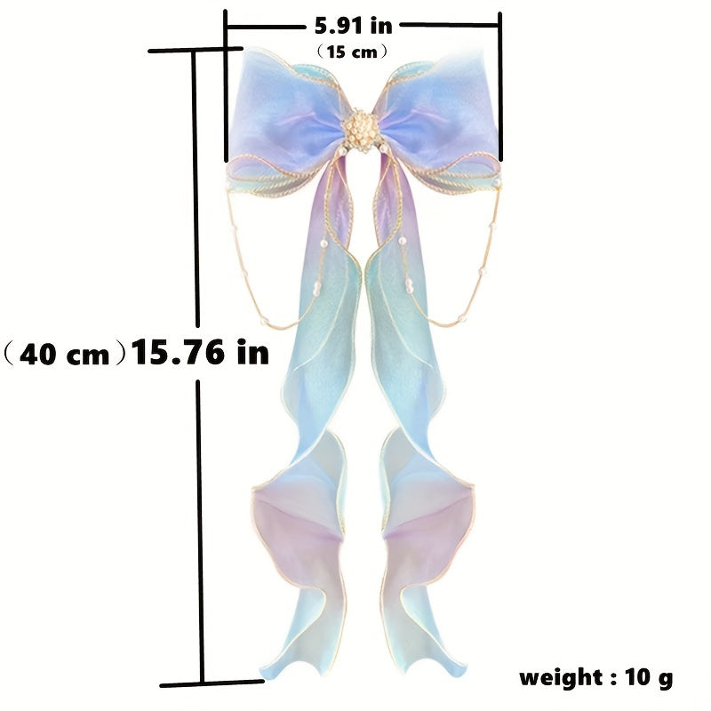 Colorful Bow Ribbon Faux Pearl Chain Hair Clip Princess Lace Barrettes