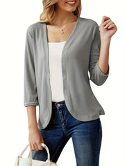  Solid Three Quarter Sleeve Open Front Waffle Knit Cropped Cardigan