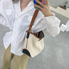 Canvas Block Shoulder Bag Large Capacity Stylish Tote Bag Zipper Strap