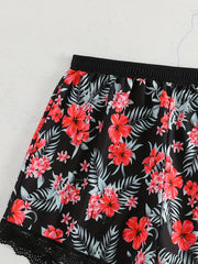  Rose Print Lace Elastic Stretch Shorts
