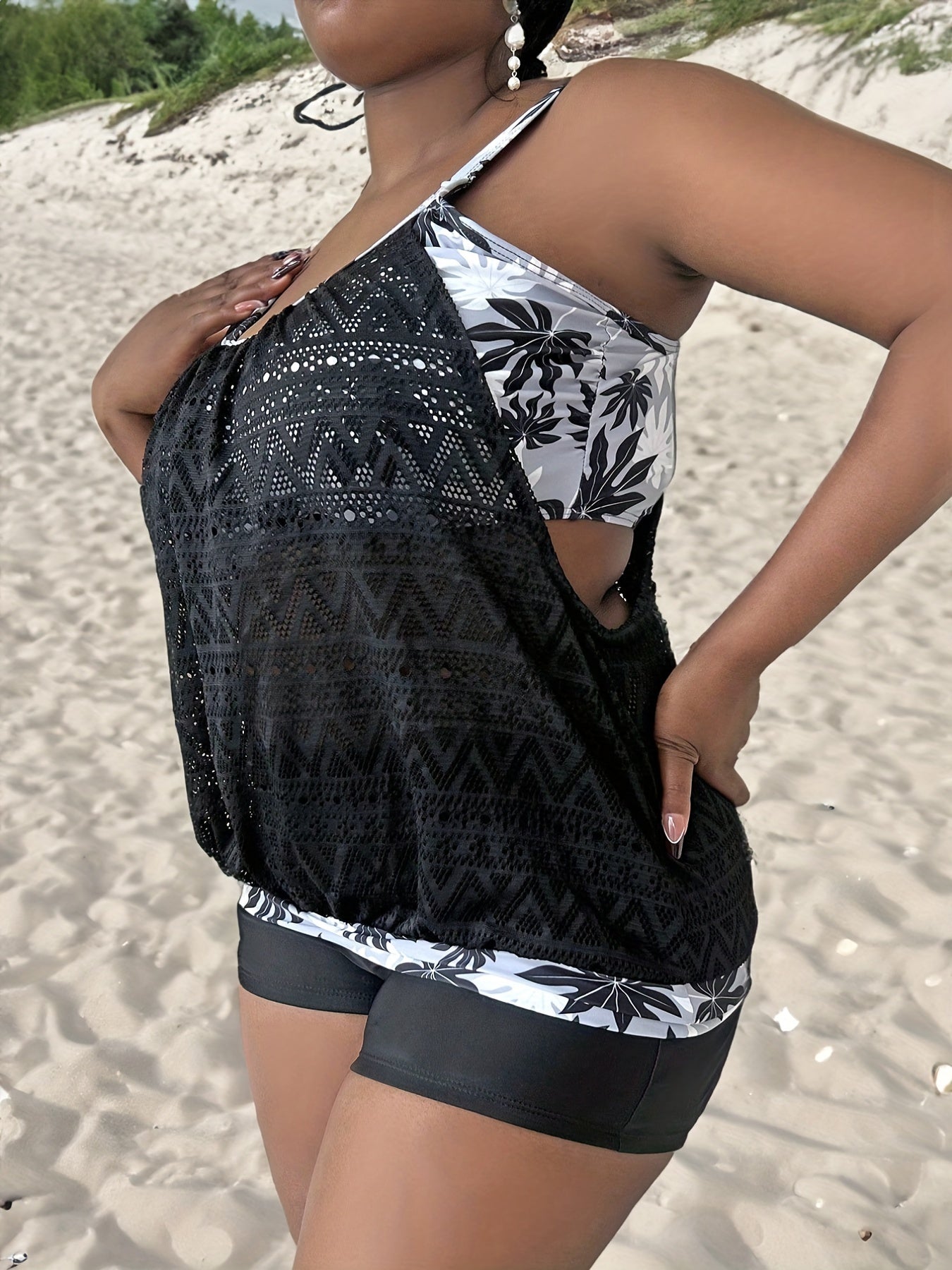  Colorblock Leaf Print Tankini Set