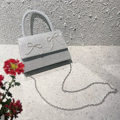 Rhinestone Bow Chain Satchel Bag Textured PU Flap Celebrity Evening Bag