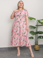 Women's Plus Floral Print Short Sleeve Midi Dress