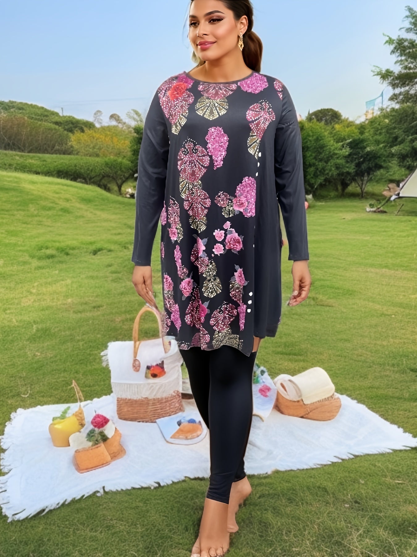  Floral Print Long Sleeve Round Neck Tee Dress