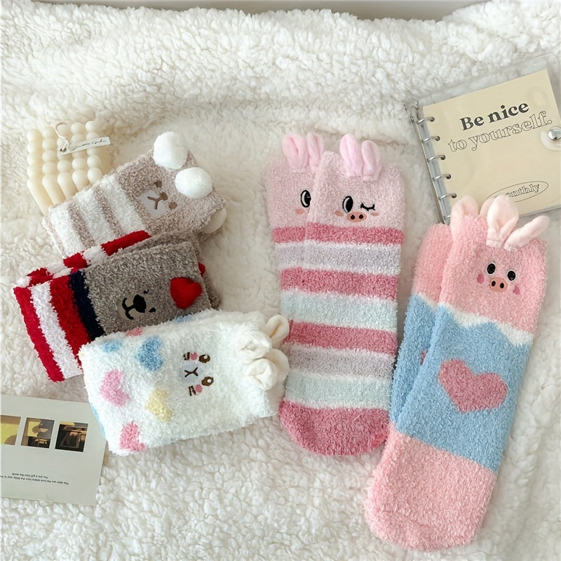 5 Pairs Animal Pattern Plush Socks Soft Mid Tube Women's Stockings