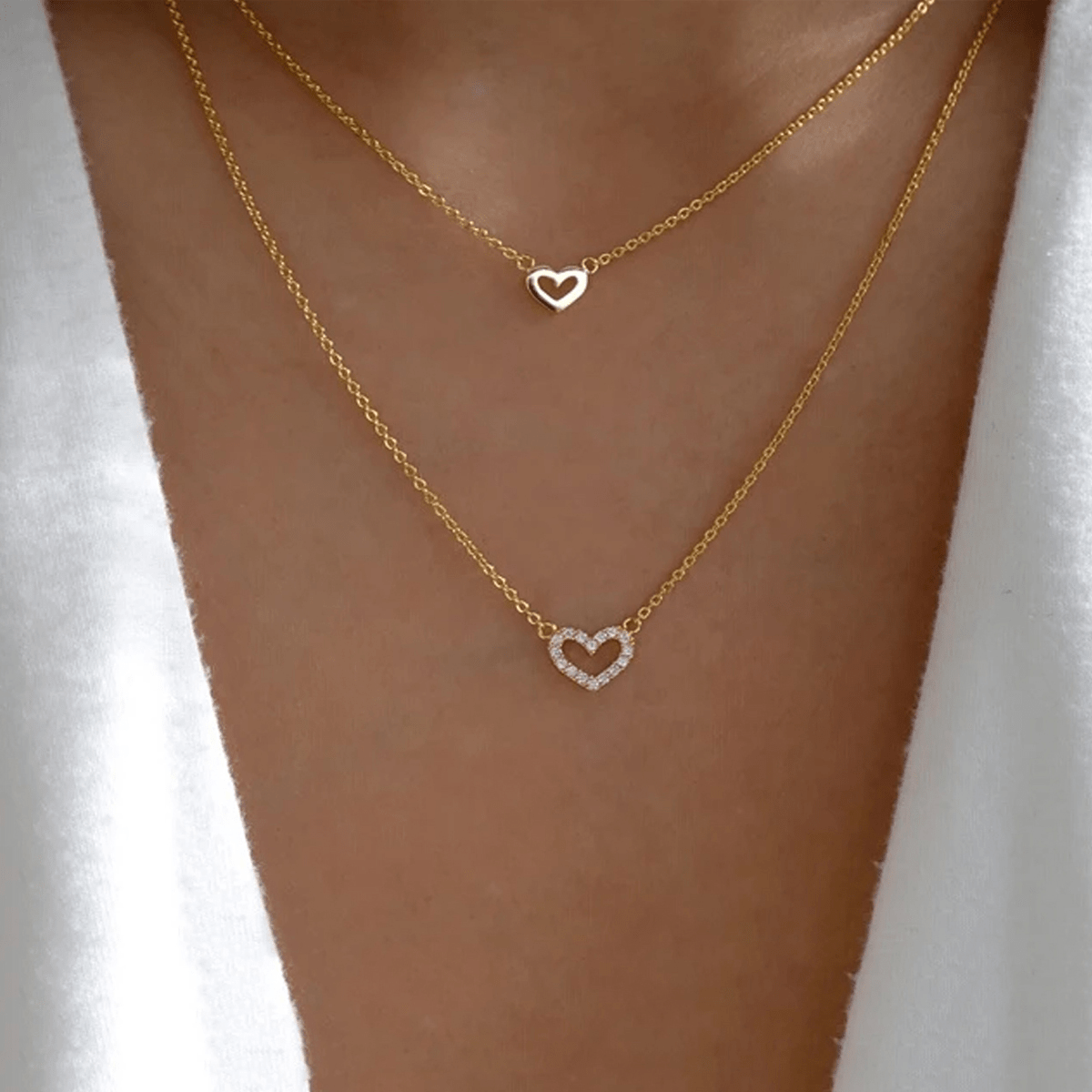 Love Faux Diamond Stacked Necklace Female Peach Heart Clavicle Chain 2pcs
