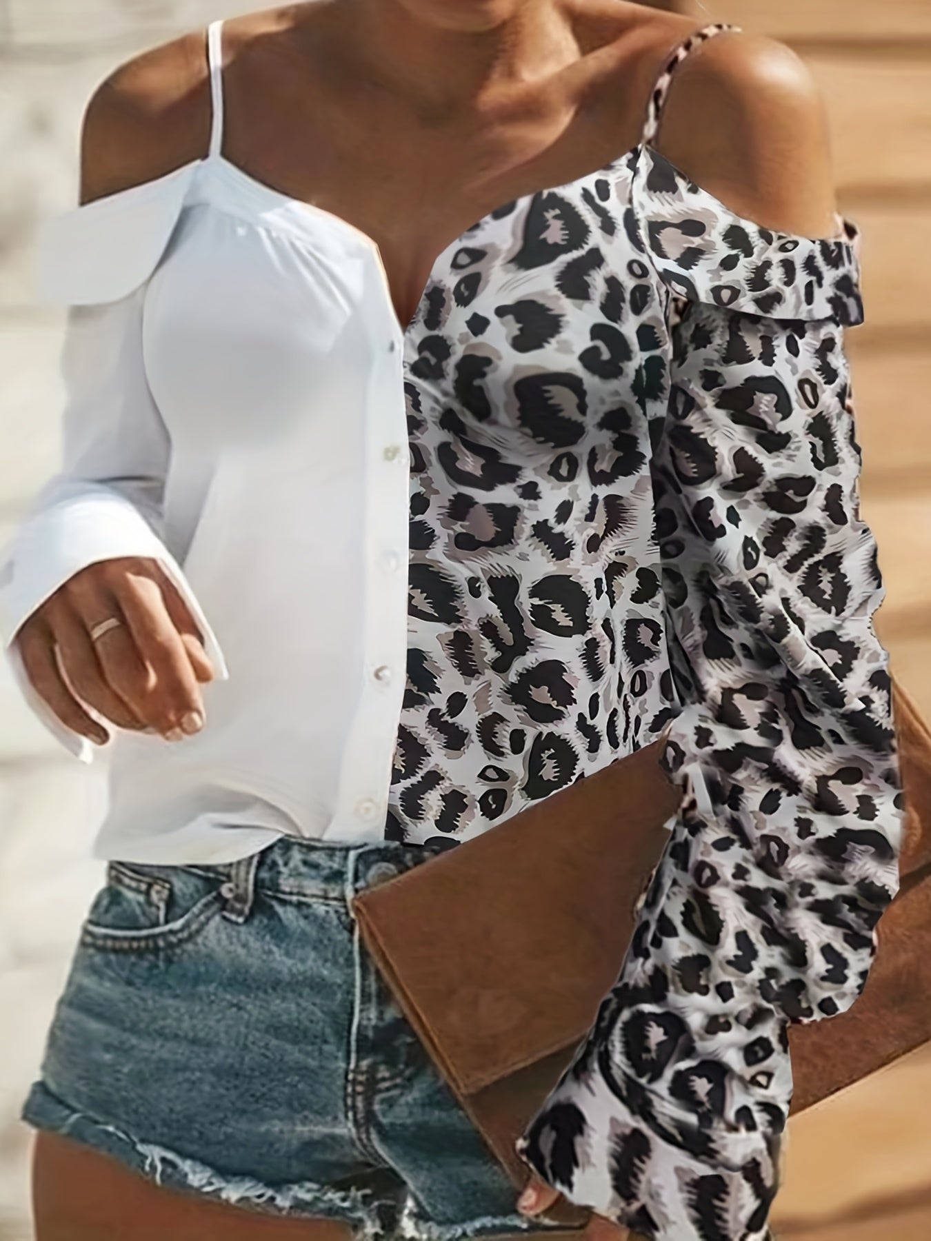  Colorblock Leopard Print Cold Shoulder Blouse