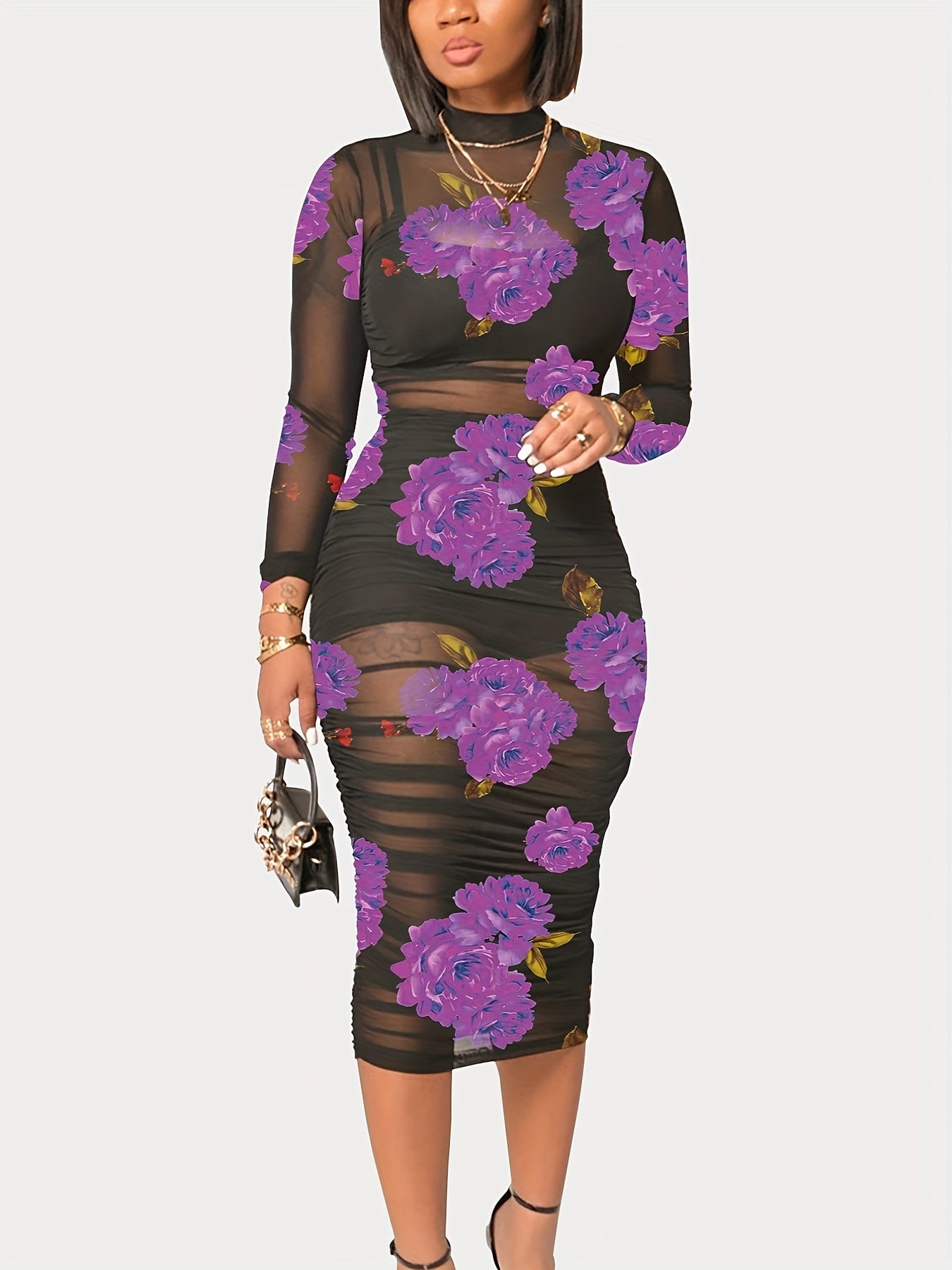 Sexy Floral Print 3pc Set Crop Top Shorts Bodycon Mesh Dress