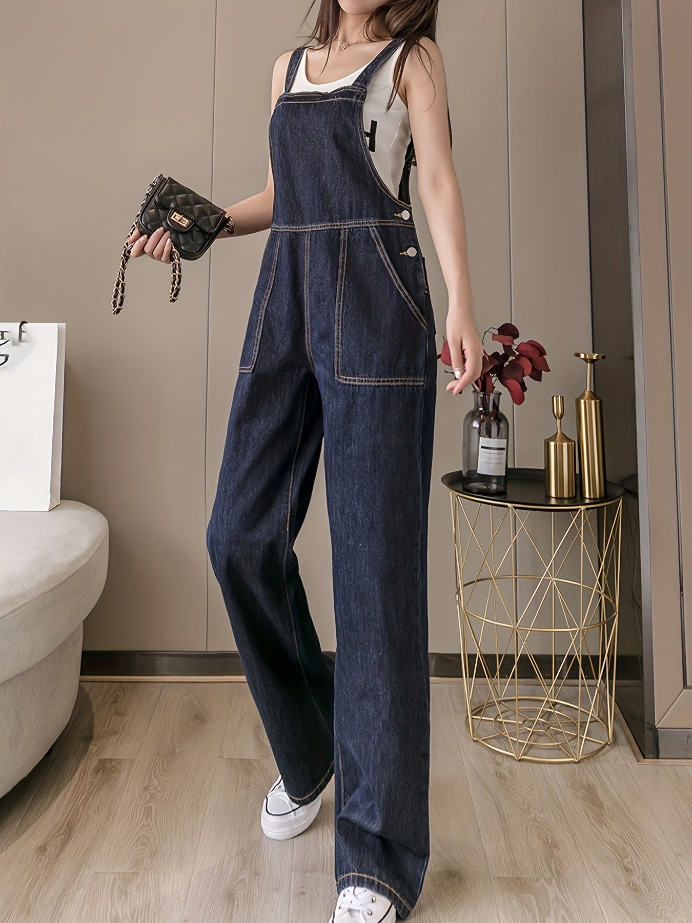 Patchwork Denim Jumpsuit Straight Legs Overalls