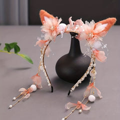 Faux Pearl Cat Ears Head Hoop with Tassel Hair Band