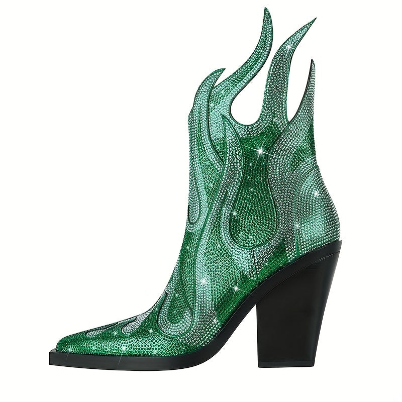 Women's Rhinestone Decor Flame Boots Party Chunky Heels