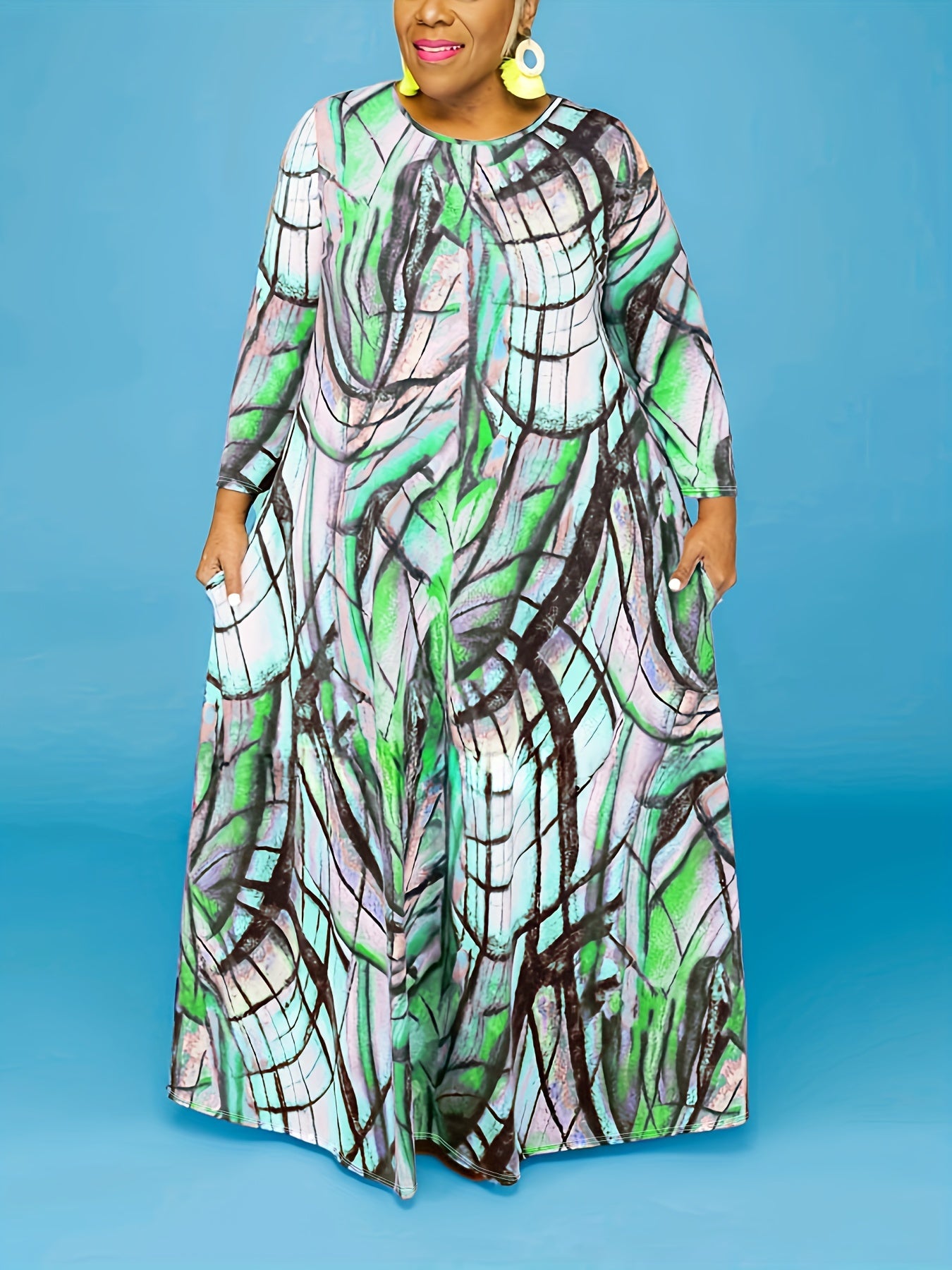  Allover Print Long Sleeve Maxi Dress With Pockets